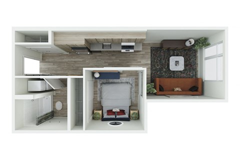 a stylized floor plan with a bedroom and a living room